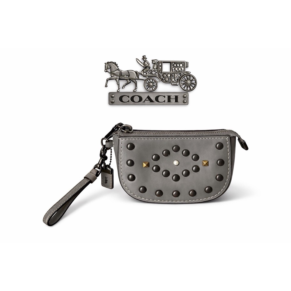 Coach 1941 Studded Grey Leather Wristlet Pouch Style 57184 Gunmetal
